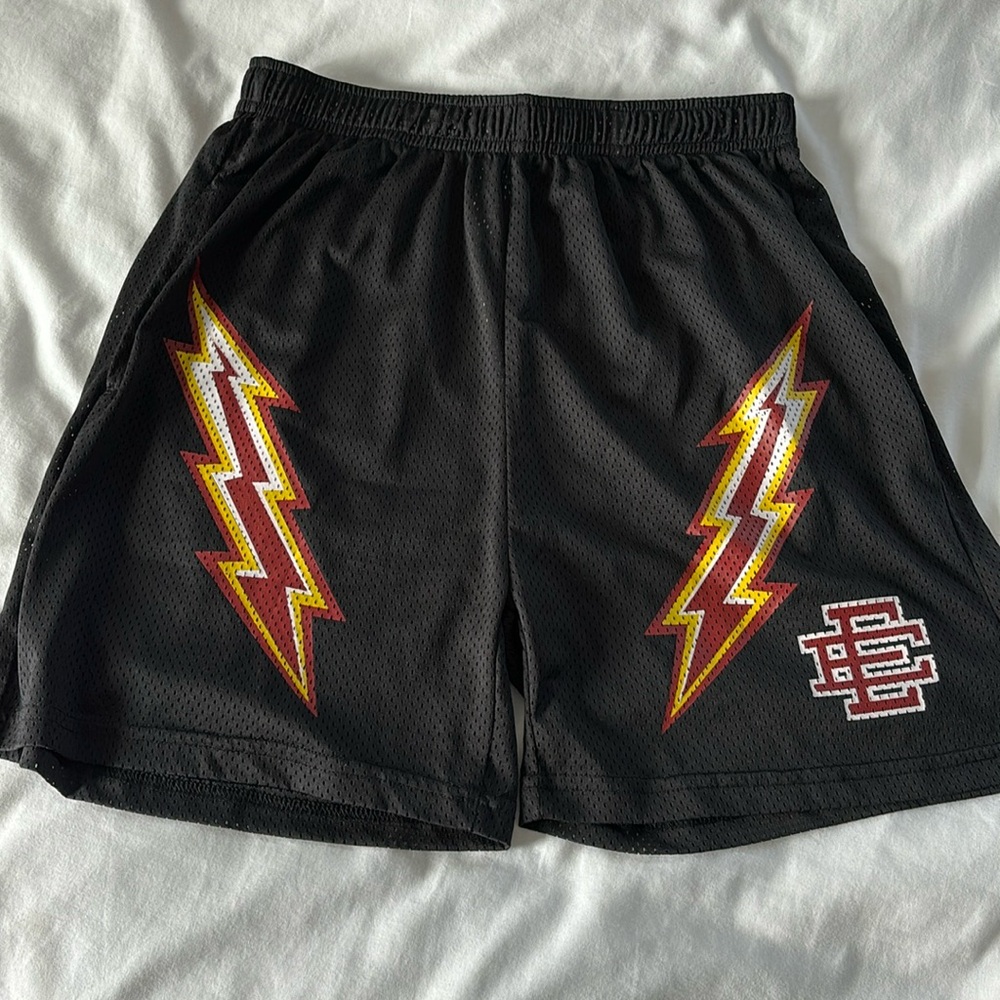 Eric Emanuel Black Shorts with Yellow and Red Lightning Design